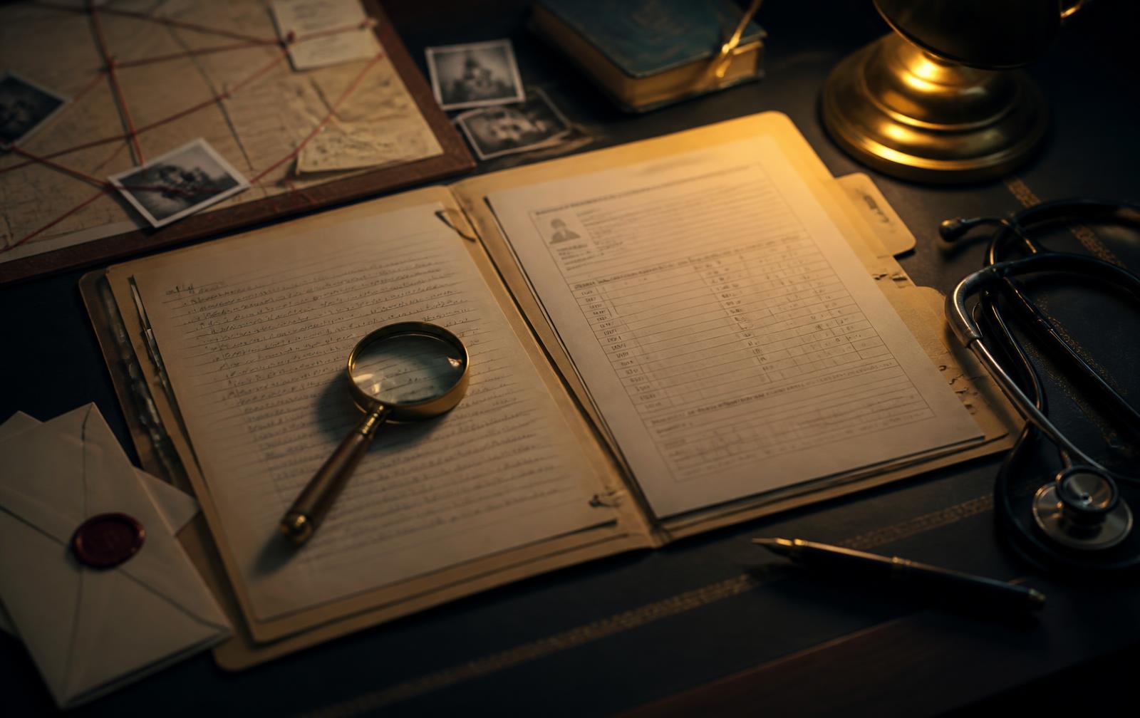 An open patient file on a detective's desk with a magnifying glass, red string, pins and a wax-sealed envelope