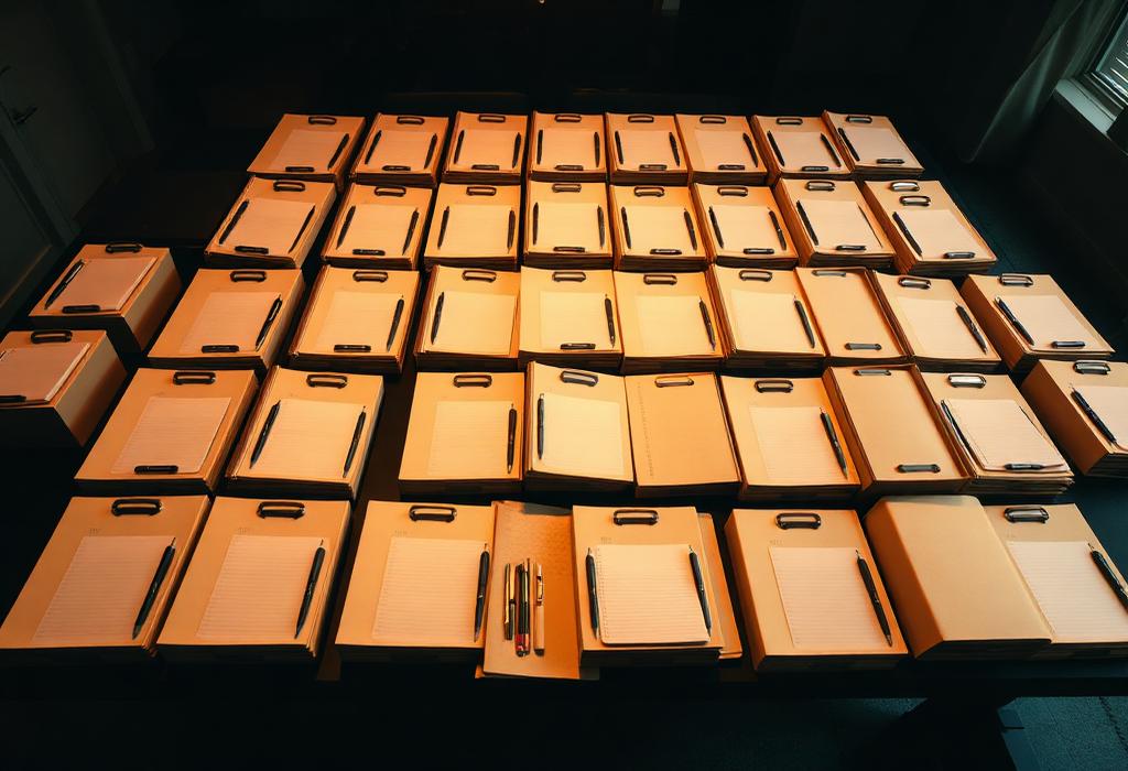 Dozens of identical case files fanned across a table with pens and notepads