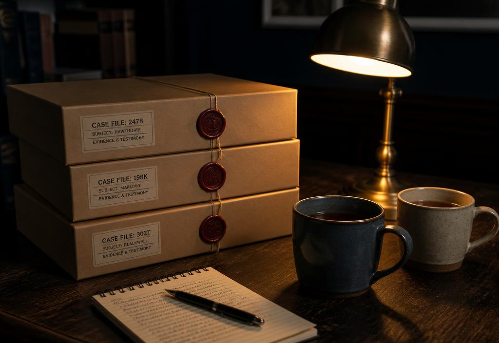 Three wax-sealed case file boxes stacked on a desk beside two mugs of tea and a notepad