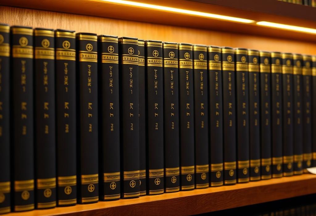A shelf lined with matching navy and gold case boxes