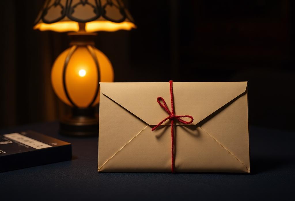 A single sealed case file envelope tied with red string under a lamp