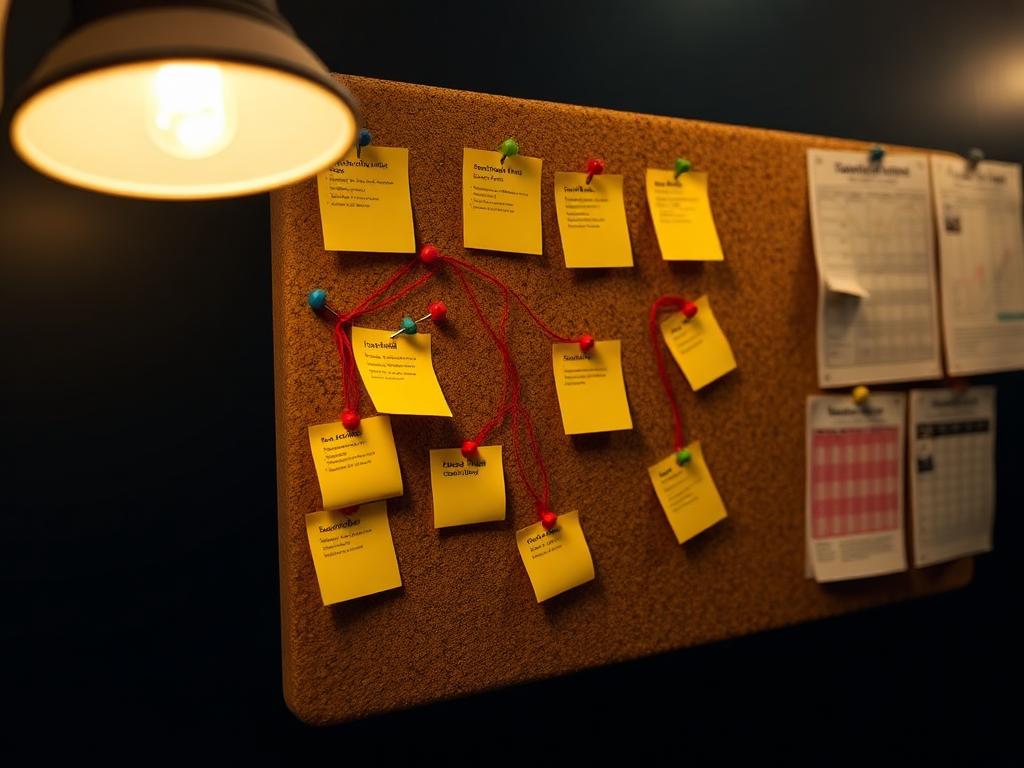 A cork evidence board covered in yellow sticky notes joined by red string