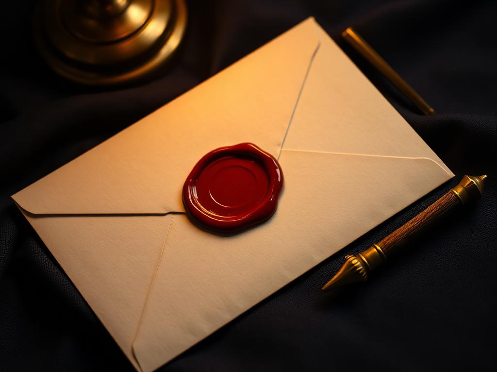 A cream envelope closed with a deep red wax seal beside a brass letter opener