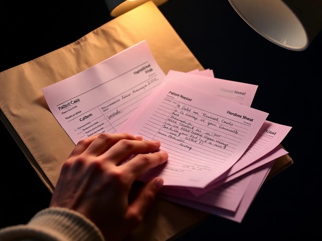 Hands opening a manila patient file with handwritten notes and a pink handover sheet